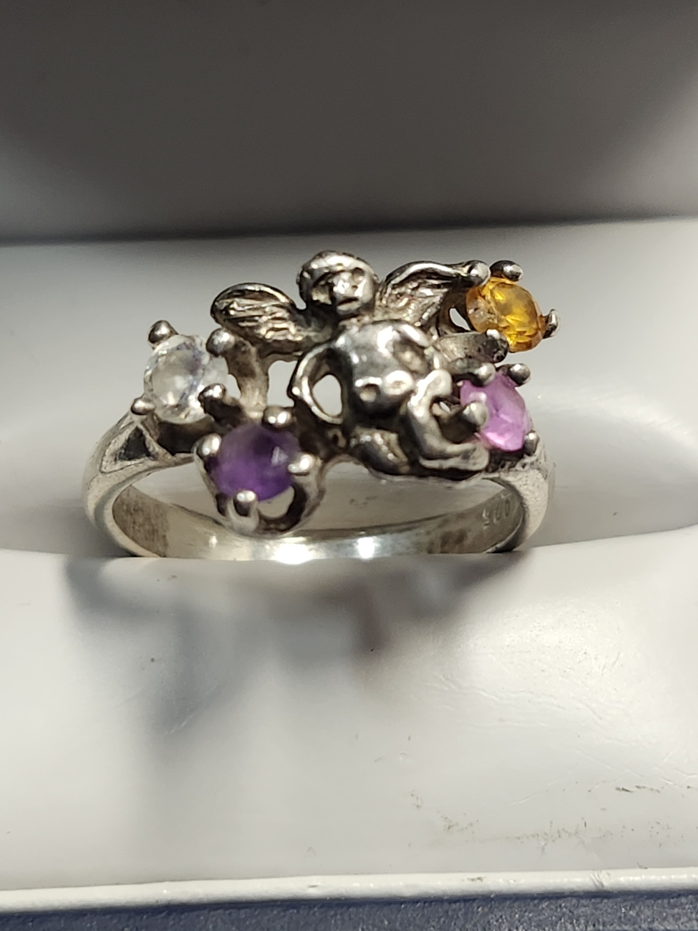 Sterling Silver Angel Cherub Ring with Ruby And Amythest Gemstones Size 7
